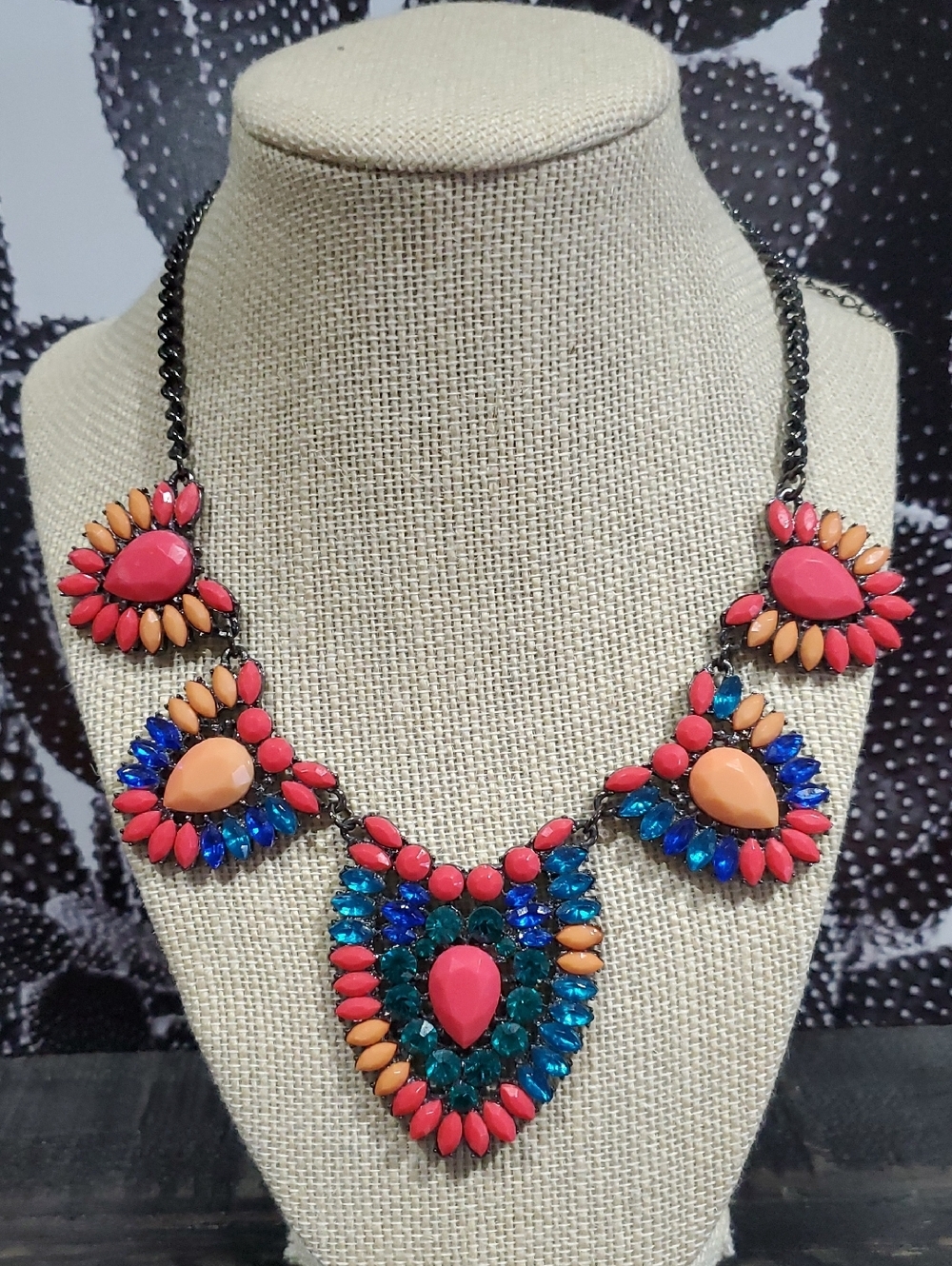 Statement Multicolor Gem Bib Necklace - Coral, Peach & Blue Chunky Maximalist